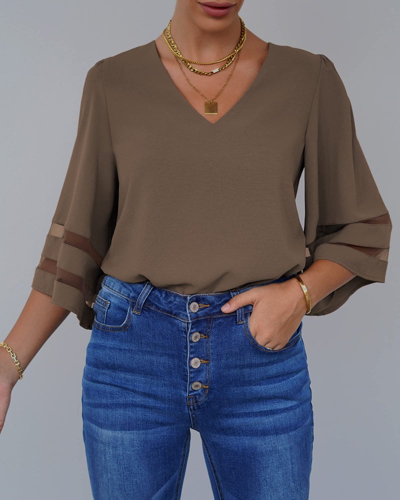 LookbookStore Women Vneck Mesh Panel Brown Work T Shirts for Women V Neck Casual 3/4 Flared Bell Sleeve Blouse Loose Business Office Blouse and Tops Size XX-Large - Image 2